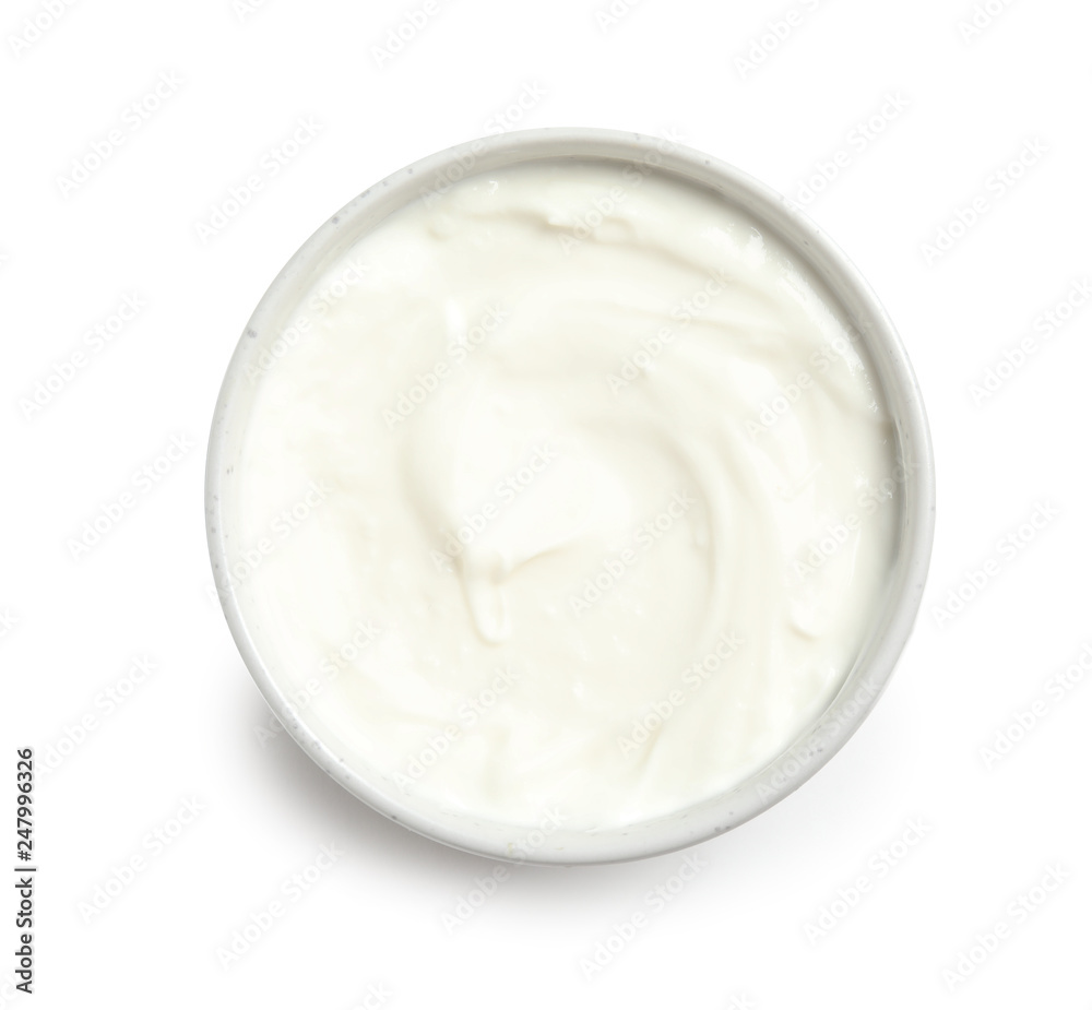 Bowl with creamy yogurt on white background, top view Bowl with creamy yogurt on white background, top view