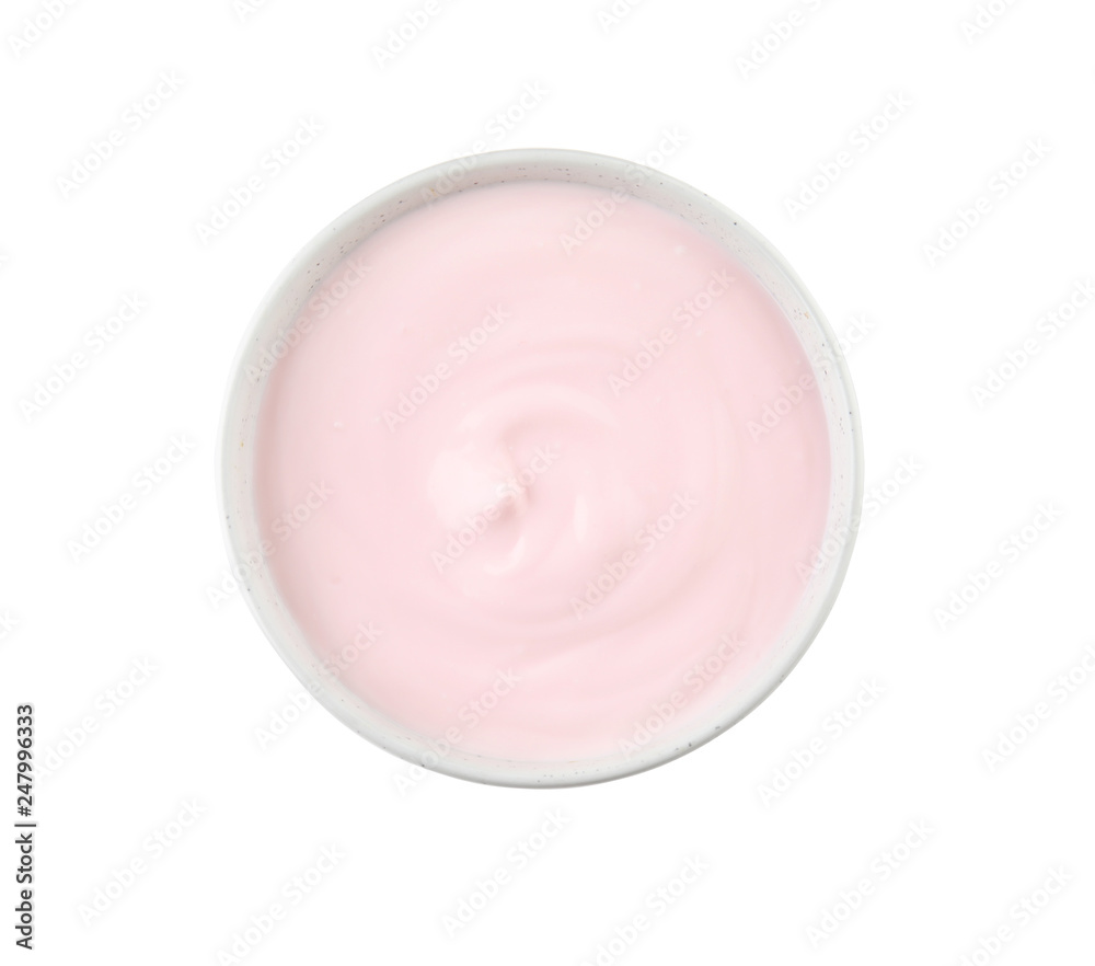Bowl with creamy yogurt on white background, top view Bowl with creamy yogurt on white background, top view