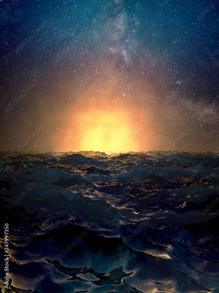 3d illustration of a dramatic sunset over the wavy surface of the ocean