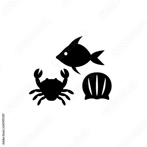 Seafood black silhouette icon set. Sea food, fish, crab and seashell simple vector icons.