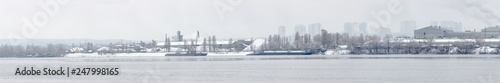 Panoramic image. Winter is cloudy weather. Industrial zone in the southern suburbs of Kyiv on the right bank of the Dnipro River. Ukraine. Feb. 6, 2019