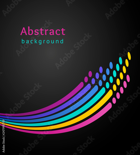 Bright colored stripes with circles over black background. Retro vector backdrop. Design template. Abstract lines directed upwards.