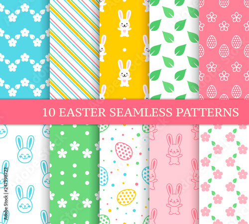 Ten different Easter seamless patterns. Endless texture for wallpaper, fill, web page background, texture. Colorful cute background with zigzags, flowers, leaves, Easter rabbits and eggs