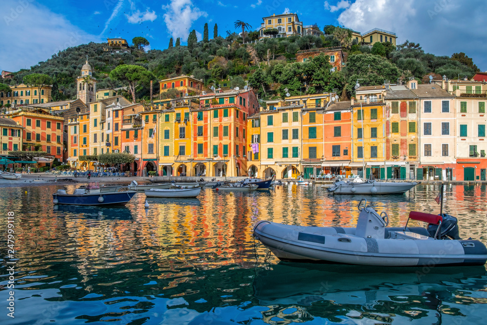 Harbor and panoramic view of the beautiful italian village Portofino in Liguria, Italy