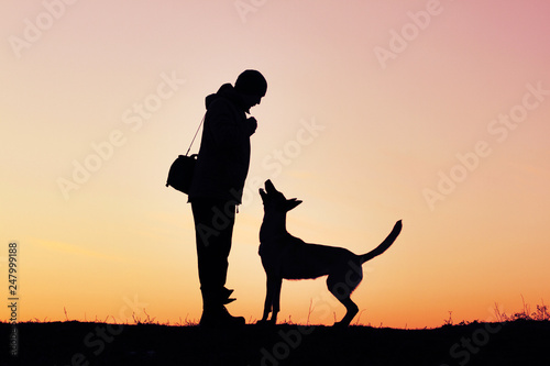 Silhouettes of man and dog on sunset background