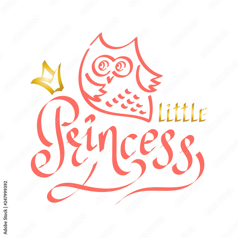 Little Princess. Funny little owl, crown. Hand drawn vector lettering.