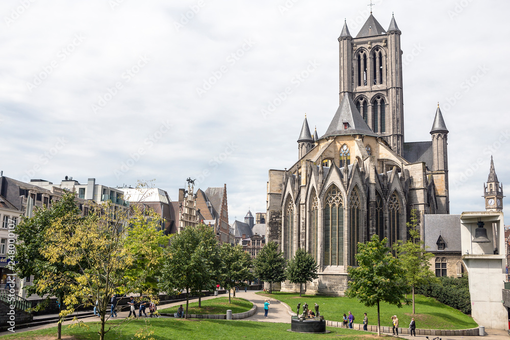 Gent, Belgium - August 15, 2017: View on the center of Gent with Saint Nicholas Church in Belgium