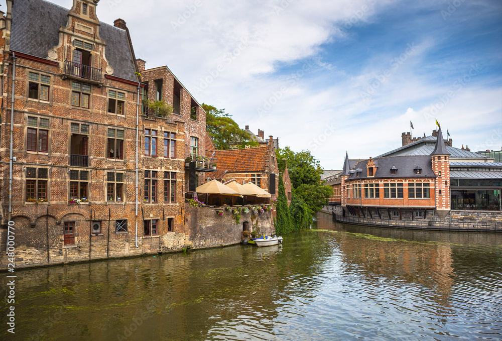 Historic buildings next to the river in the Ghent city center, Belgium