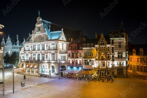 Historic buildings in the Ghent city center at night  Belgium