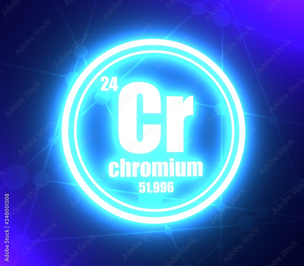 Chromium chemical element. Sign with atomic number and atomic weight. Chemical element of periodic table. Molecule and communication background. Connected lines with dots. 3D rendering Chromium chemical element. Sign with atomic number and atomic weight. Chemical element of periodic table. Molecule and communication background. Connected lines with dots. 3D rendering
