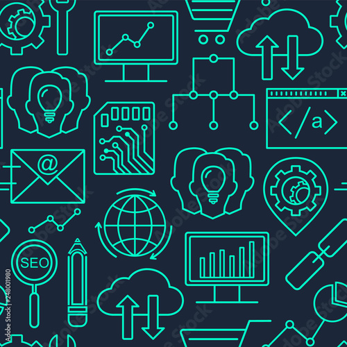 Seamless Vector SEO and development pattern with linear icons. Line style optimization and internet technology background.
