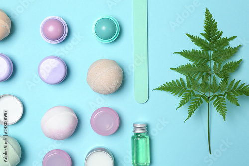 Set of cosmetic products on color background