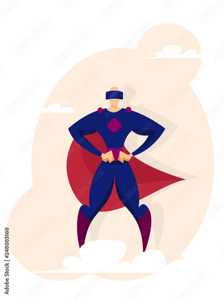 Superhero standing on a cloud in a raincoat fluttering in the wind. Vector illustration in flat style