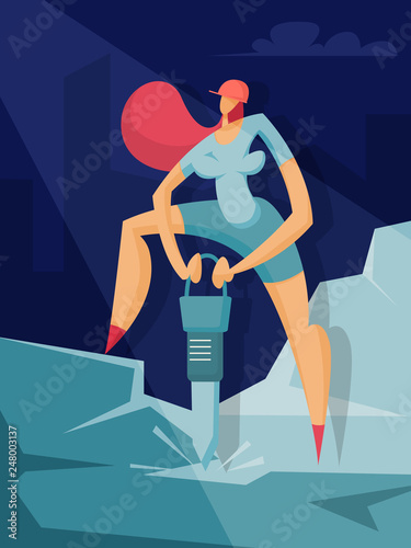 Girl builder with a jackhammer on a construction site. Business competitive concept. Equal women's rights. Vector illustration in flat style