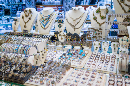 stall selling silver jewelry  in the Istanbul bazaar in Turkey photo