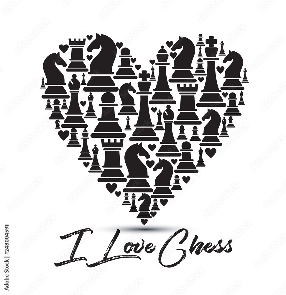 Print with chess pieces of heart. Design I love chess.