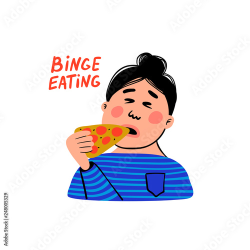 Psychology. Binge eating. Woman character with slice of pizza. Overweight female person suffering from overeating. Doodle slyle flat vector illustration.