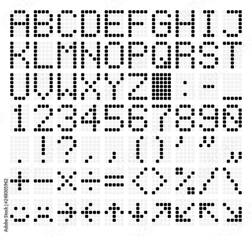 LED Dot Matrix Panel. Letters, numbers, punctuation marks, arithmetic signs, basic emoticons and navigation arrows. Retro digital display. Vector illustration