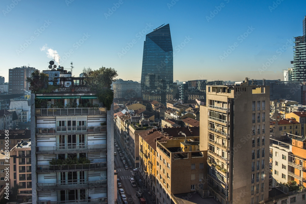 Milan skyline with modern skyscrapers in Porto Nuovo business district, Italy