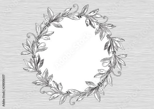 Retro border with laurel wreath.Vintage vector ornate background with copy space at engraving style for invitation card