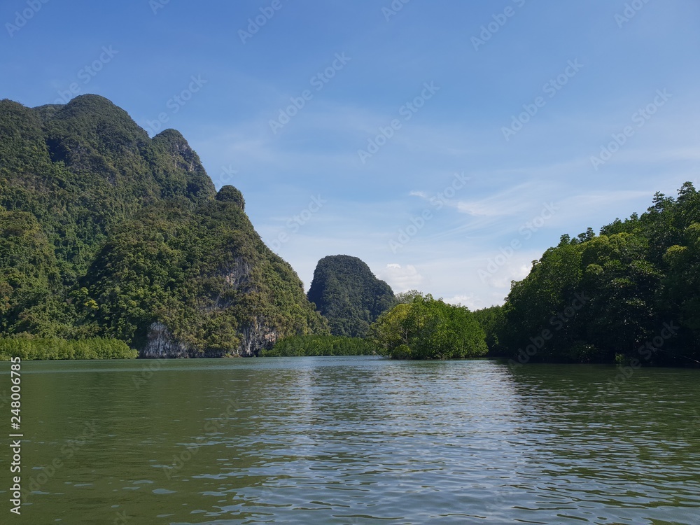 Wonderful mountainous landscape at a kayak trip into the mangrove forest in Ao Thalaine in Krabi in Thailand, Asia