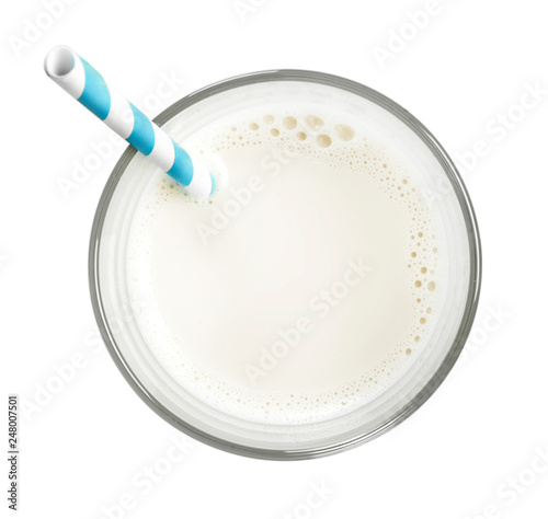 Glass of fresh milk with drinking straw, isolated on white background. Pure milk, soy milk or cow milk, cut out object.