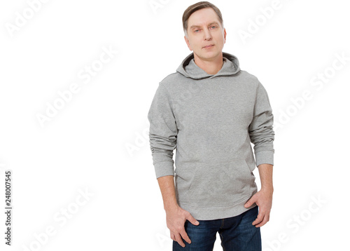 Template mens hoodie sweatshirt long sleeve isolated on white background. Man in blank sweatshirt hoody with copy space and mockup for design logo print, Front view. Middle age man