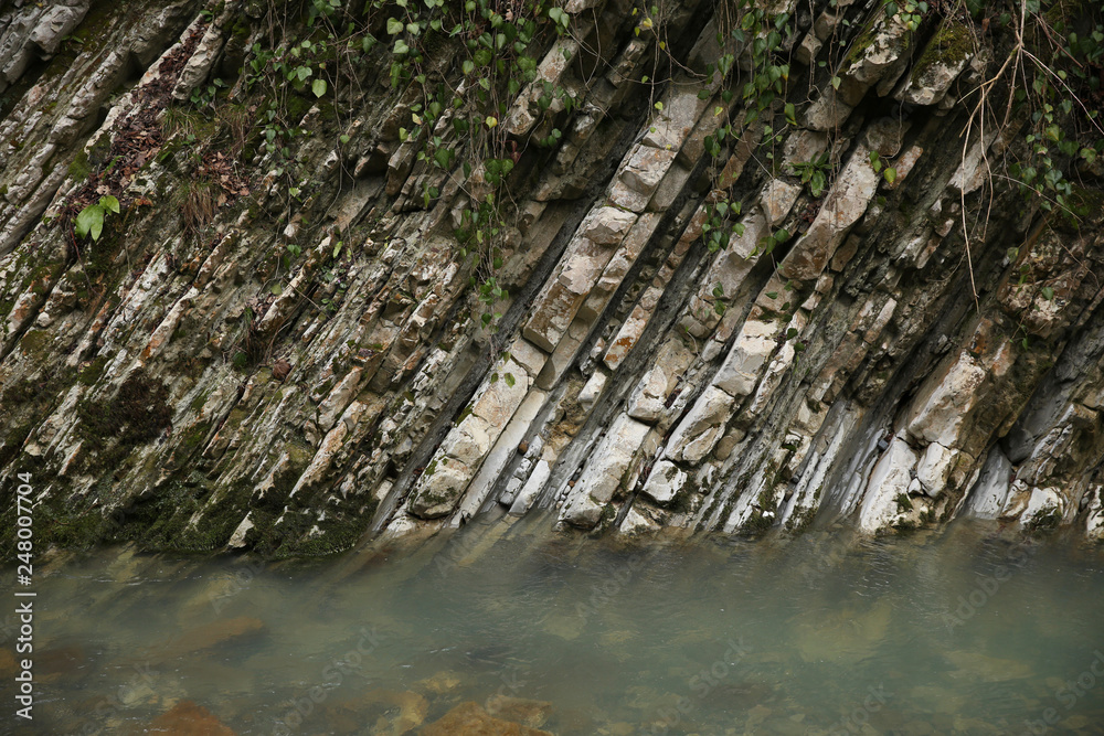  rock formation of gray with plants in it in the blue water of the river