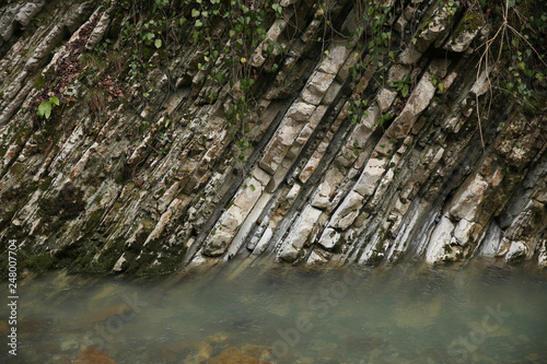 Fototapeta Naklejka Na Ścianę i Meble -   rock formation of gray with plants in it in the blue water of the river