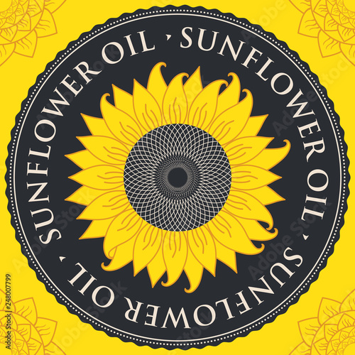 Square vector banner for sunflower oil with sunflower inscribed in a round frame on a black and yellow background with contour drawings
