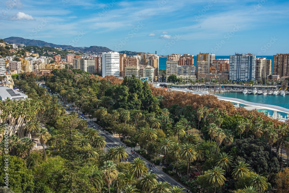 Cityscape aerial view of Malaga, Spain.