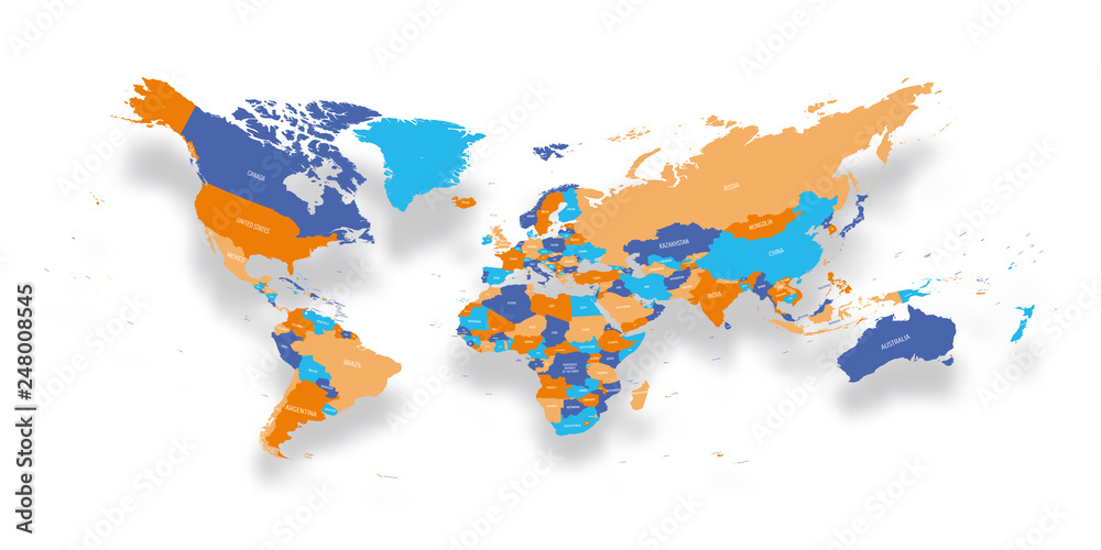 Modern political map of World. Distorted design with bent corners and dropped shadow. 3D effect vector illustration Modern political map of World. Distorted design with bent corners and dropped shadow. 3D effect vector illustration