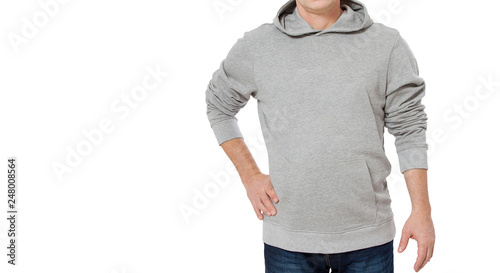 Man in gray sweatshirt template isolated. Male sweatshirts set with mockup and copy space. Hoody design. Hoodie front cropped image view. Closeup