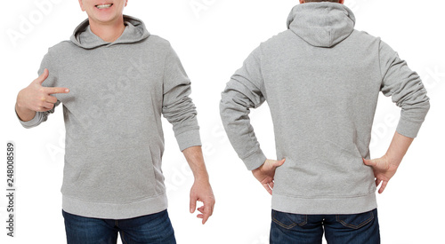 Man in gray sweatshirt template isolated. Male sweatshirts set with mockup and copy space. Hoody design. Hoodie front and back view. Closeup