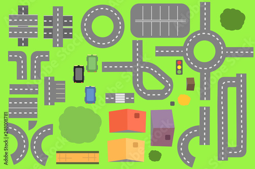 Set of landscape elements. Houses, trees, roads, traffic lights, cars. Vector