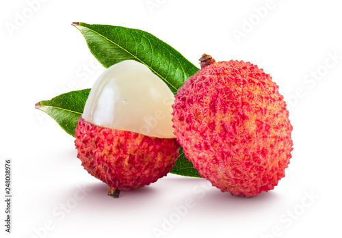 Bunch of ripe red letchi on a white background - Tropical fruit photo