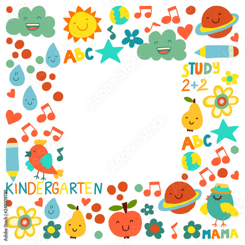 Fototapeta Naklejka Na Ścianę i Meble -  Kindergarten pattern for little children. Cute icons and characters for kids.
