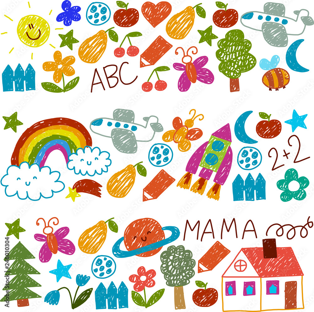 Kindergarten pattern for little children. Cute icons and characters for kids. Rocket, space, moon.