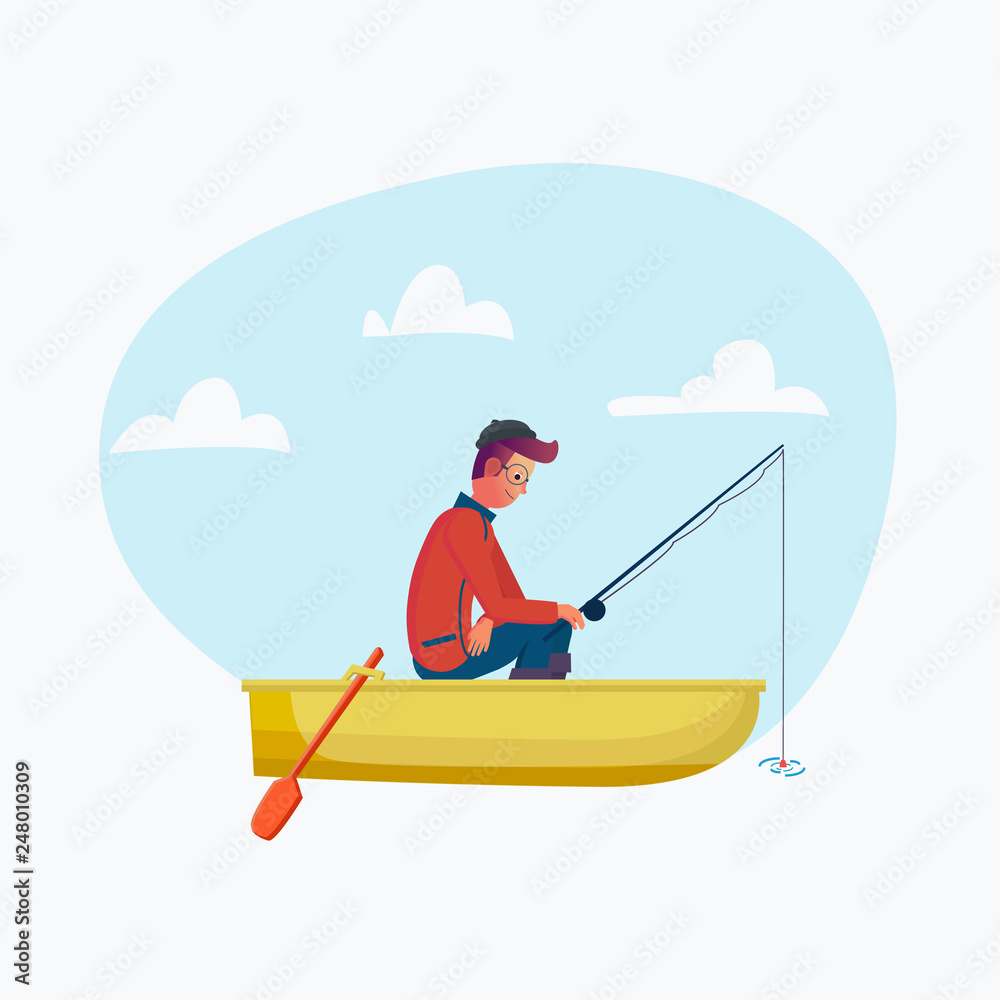 Fisher man holding fishing rod in the boat, season fishing. Vector cartoon  character on holiday, trip. illustration. Flat design style Stock Vector |  Adobe Stock