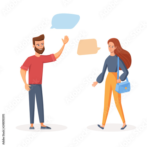 Young people students characters with dialog speech bubbles. Discussing, chatting, conversation, dialogue. Flat cartoon vector illustration.