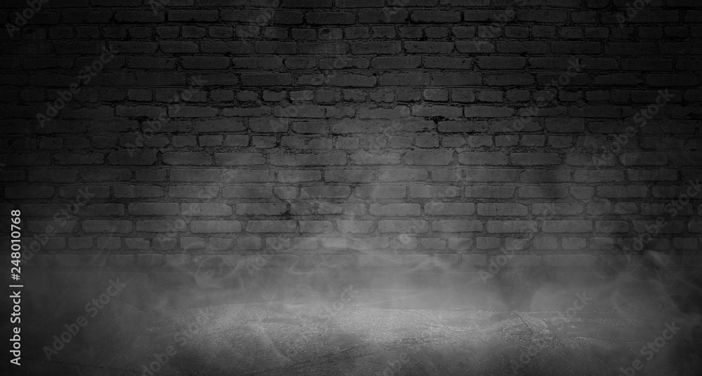 Background of empty brick old wall, spotlight, neon light, smoke Background of empty brick old wall, spotlight, neon light, smoke