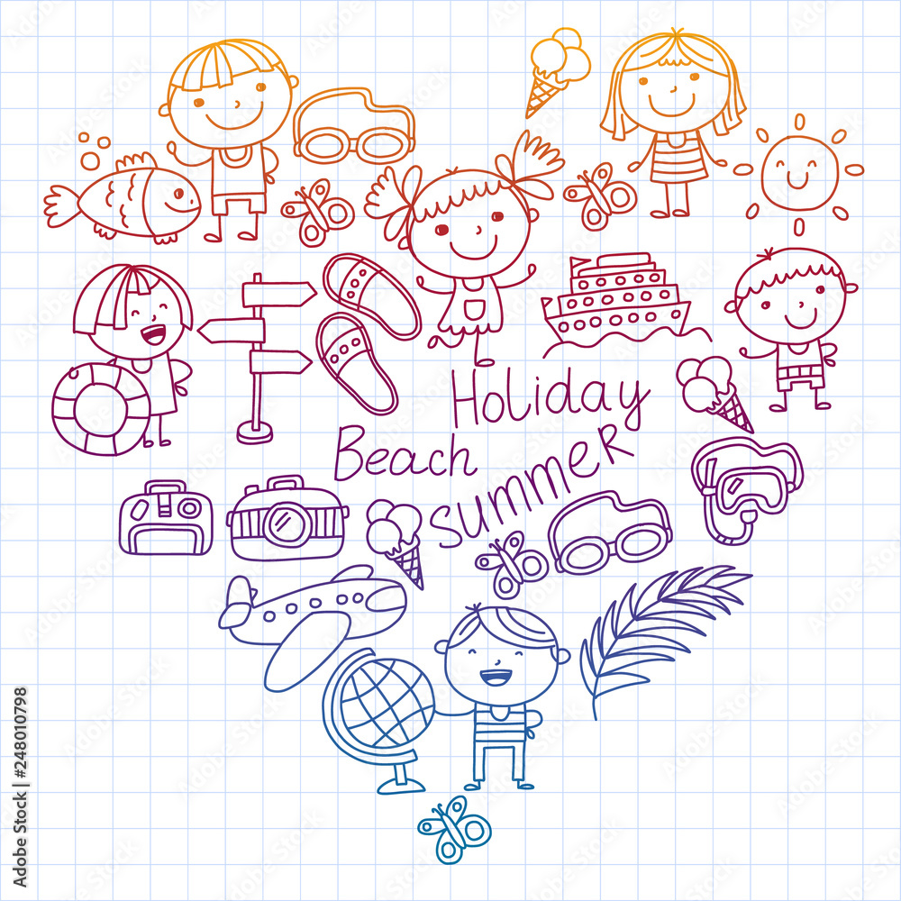 Vector pattern with children icons. Summer vacation at seashore, sea, ocean, beach. Small kids having fun. Vector pattern with children icons. Summer vacation at seashore, sea, ocean, beach. Small kids having fun.
