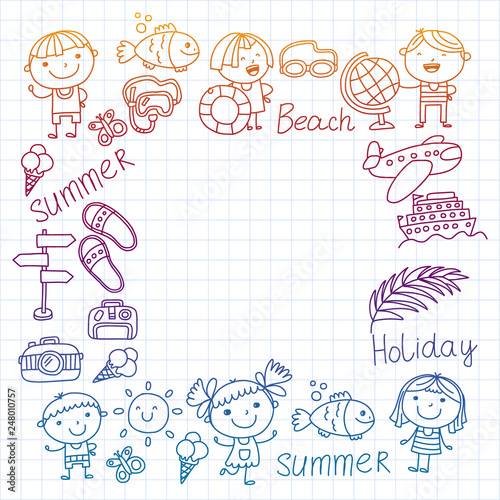 Vector pattern with children icons. Summer vacation at seashore, sea, ocean, beach. Small kids having fun.