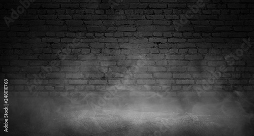 Background of empty brick old wall  spotlight  neon light  smoke