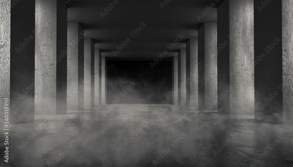 Background of an empty dark room, a corridor with columns, spotlights. Concrete floor. Neon light smoke Background of an empty dark room, a corridor with columns, spotlights. Concrete floor. Neon light smoke