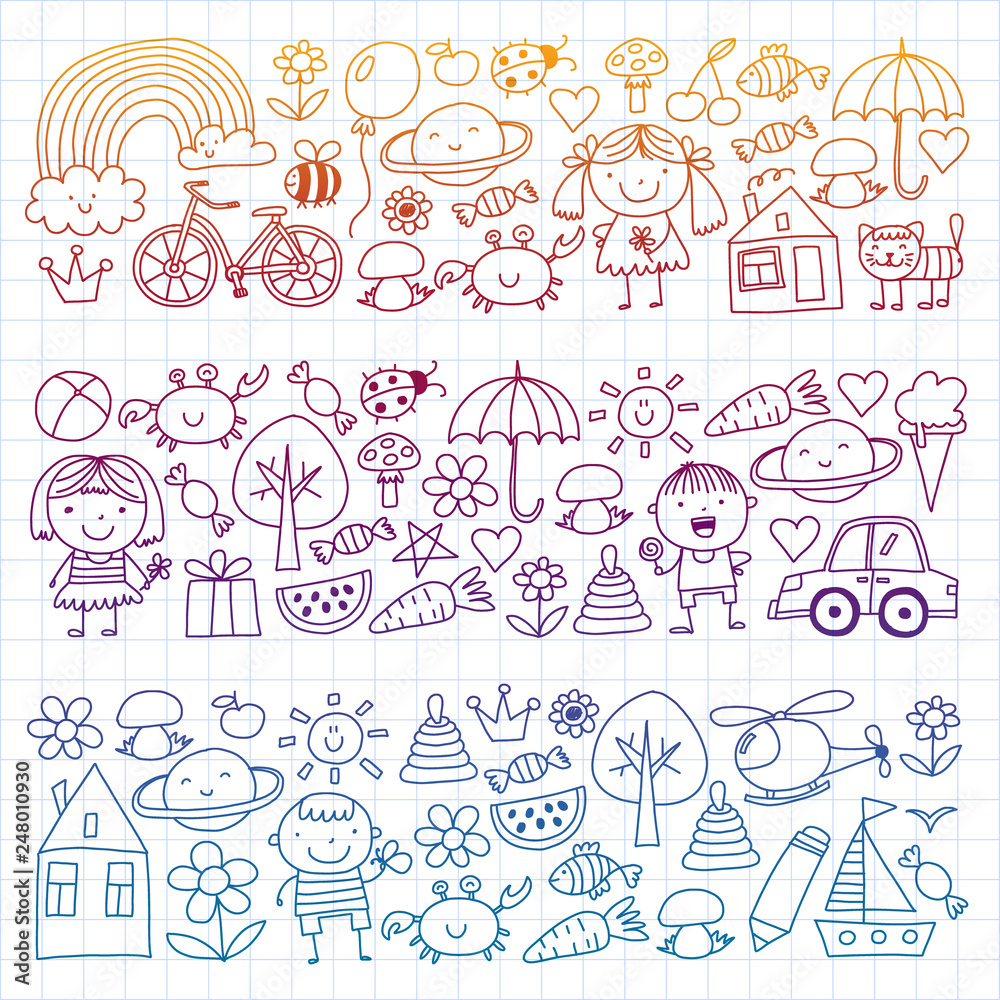 Kindergarten pattern with cute children and toys. Kids drawing style illustration