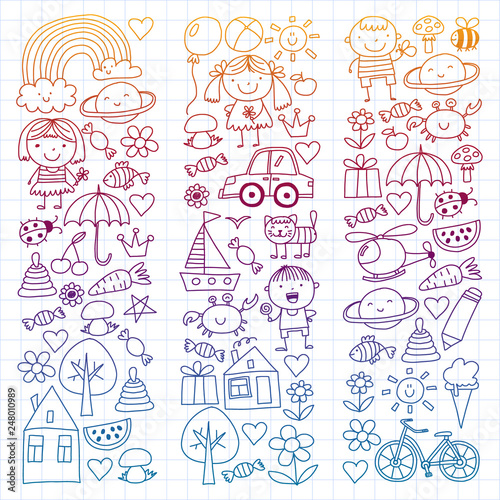 Kindergarten pattern with cute children and toys. Kids drawing style illustration