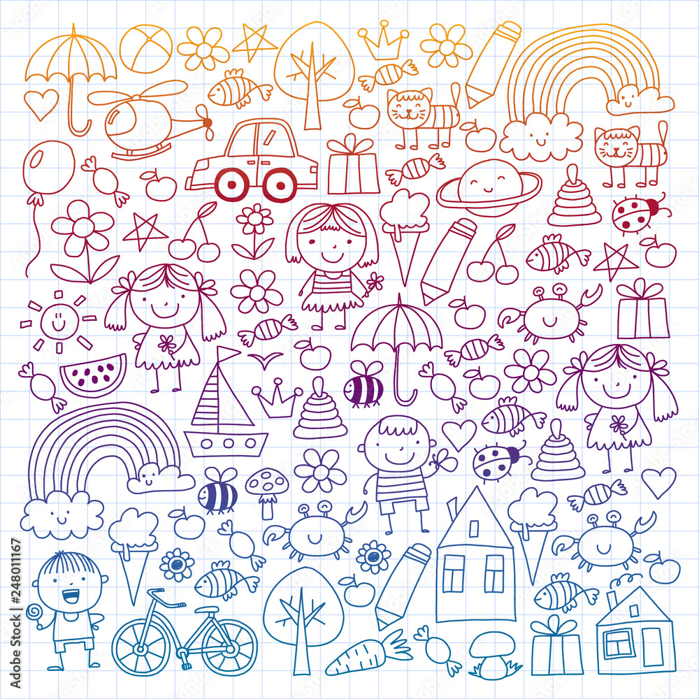 Kindergarten pattern with cute children and toys. Kids drawing style illustration Kindergarten pattern with cute children and toys. Kids drawing style illustration