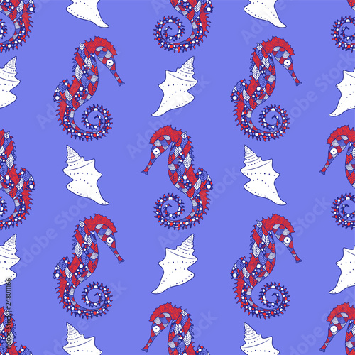 seamless pattern with sea creature seahorse and conch shells on blue background