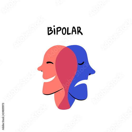 Psychology. Bipolar. Smiling and sad heads merge in one Person suffering from bipolar disorder. Doodle slyle flat vector illustration.